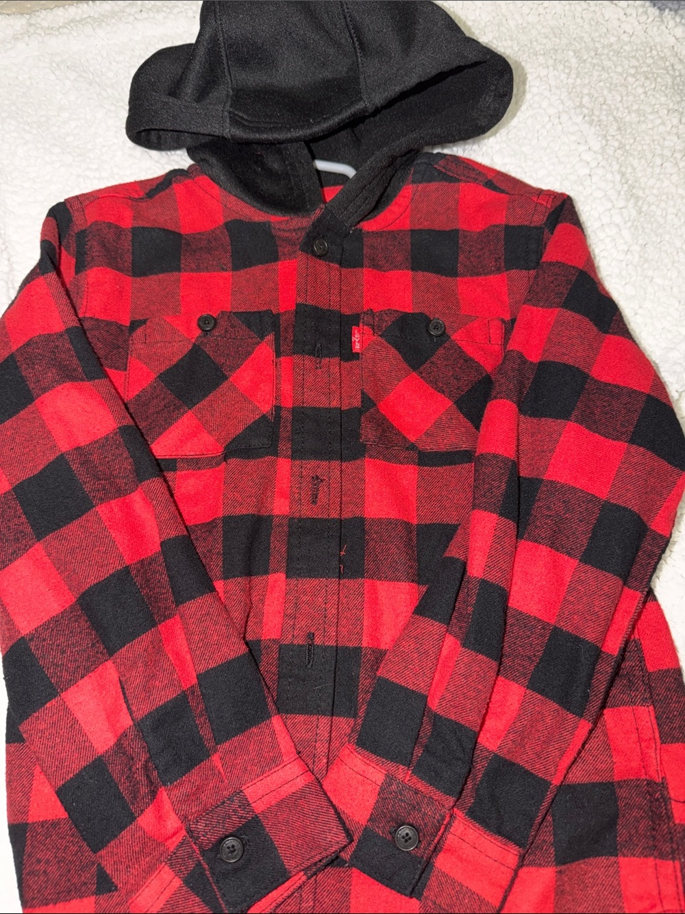 Levi's Kids Red and Black Buffalo Plaid Hooded Jean Jacket